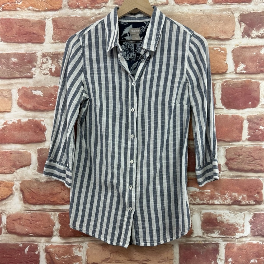 Chicos Top Women's Small Blue Striped Garden Floral Back Casual Button Up Shirt